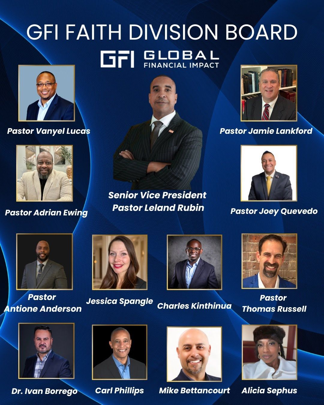 GFI Faith Division Board featuring photos of board members and the GFI logo.