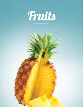 A pineapple with a slice taken out of it and the word fruits above it