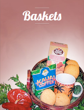 A basket filled with food and a bag of kauai coffee