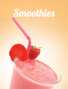 A smoothie with strawberries on top and the word smoothies above it