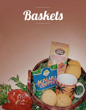 A basket filled with food and a bag of kauai coffee