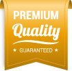 A yellow ribbon with the words `` premium quality guaranteed '' written on it.