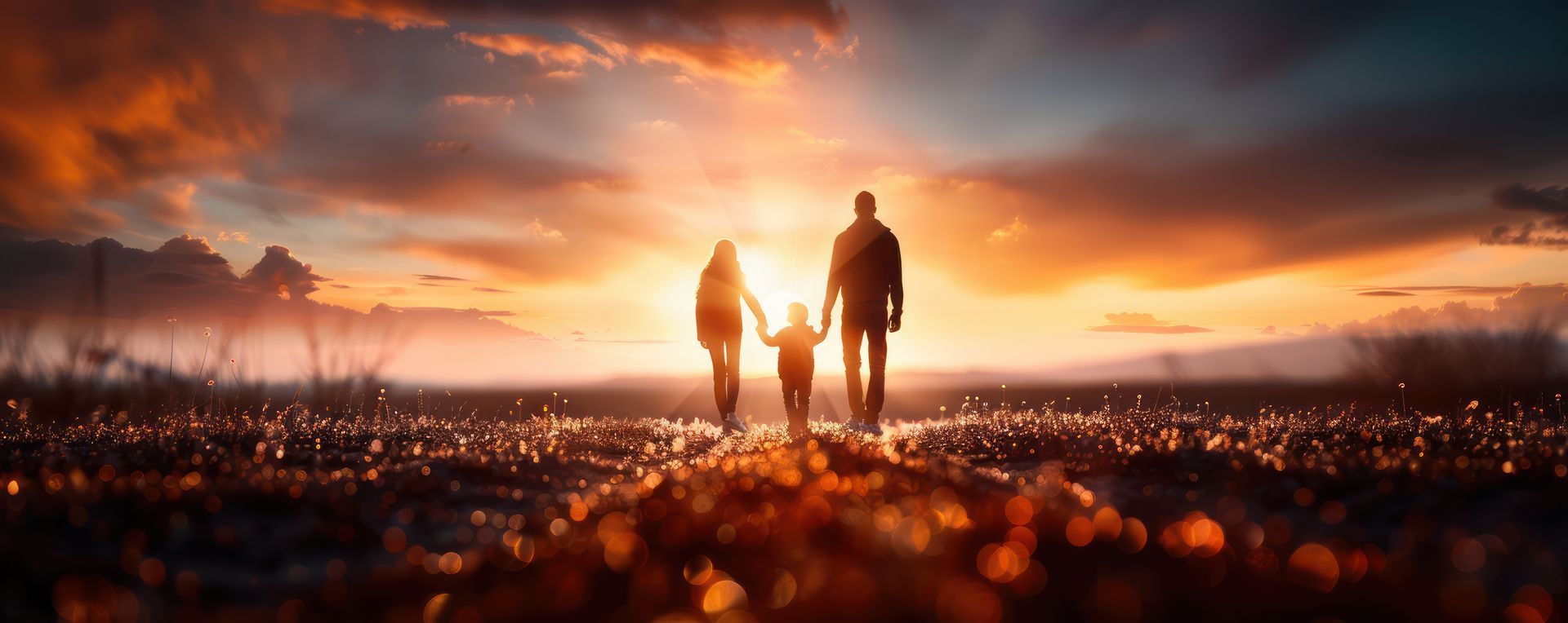 A family walks into the sunset, holding hands. Orange sky, warm tones, fields in the foreground.