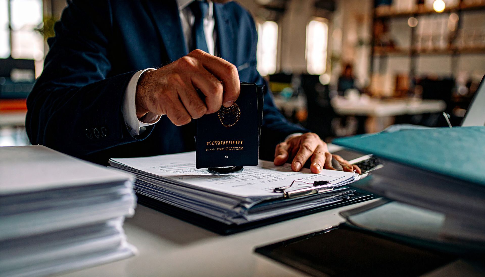 Person in suit stamping official document on desk with other paperwork.
