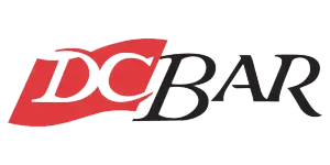 A red and black logo for dc bar on a white background.