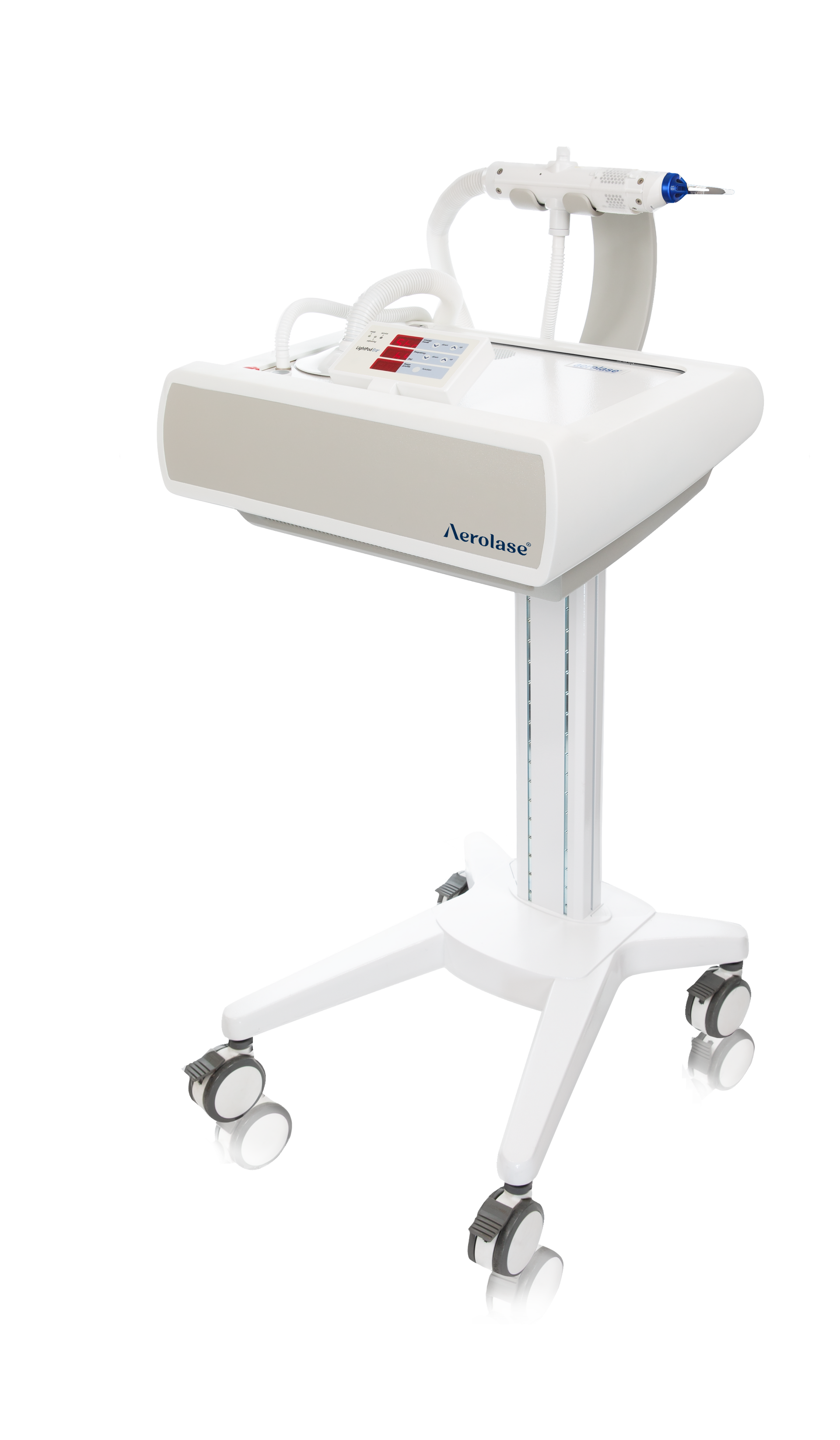 White medical device on a wheeled stand, with a handheld applicator and digital display.