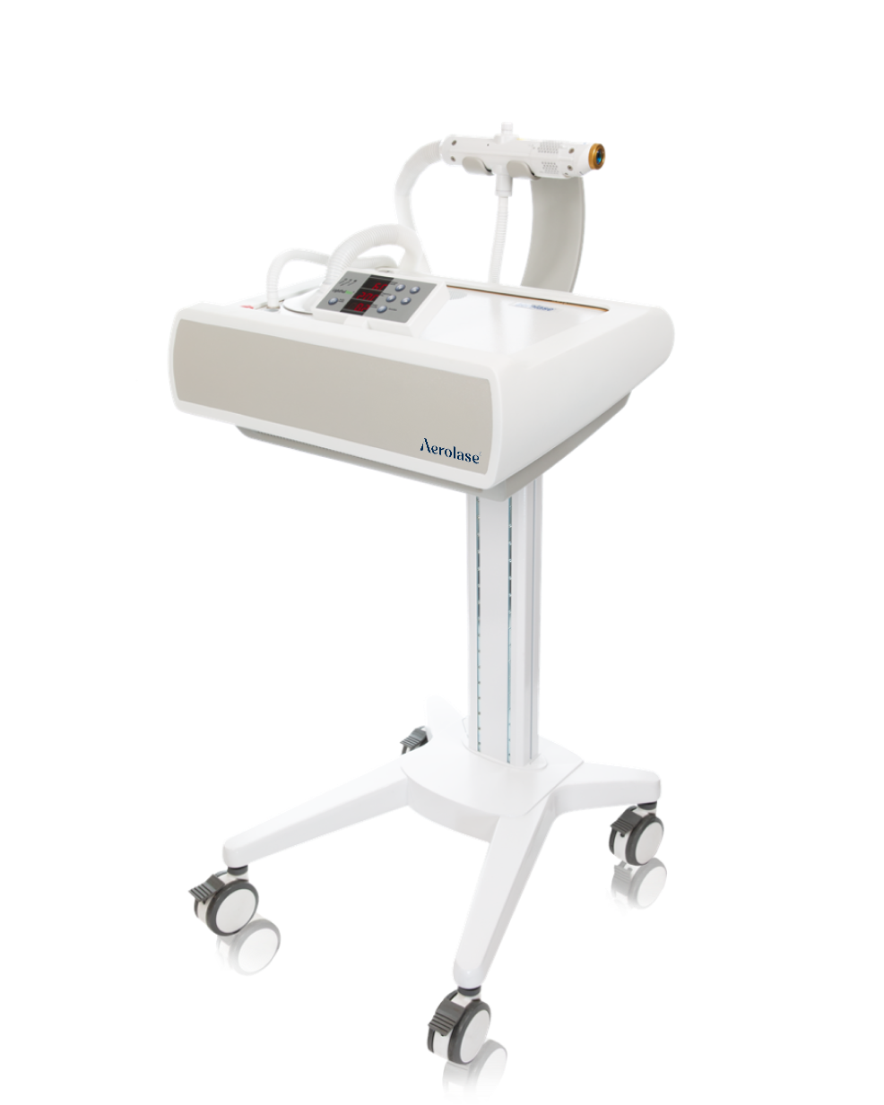 White medical device on a wheeled stand, with a control panel and treatment applicator.