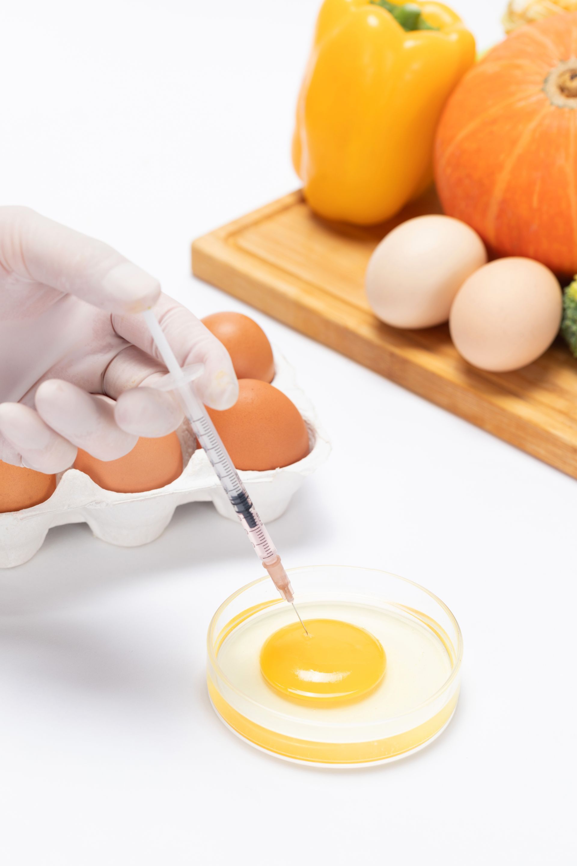 A person is injecting an egg into a petri dish.