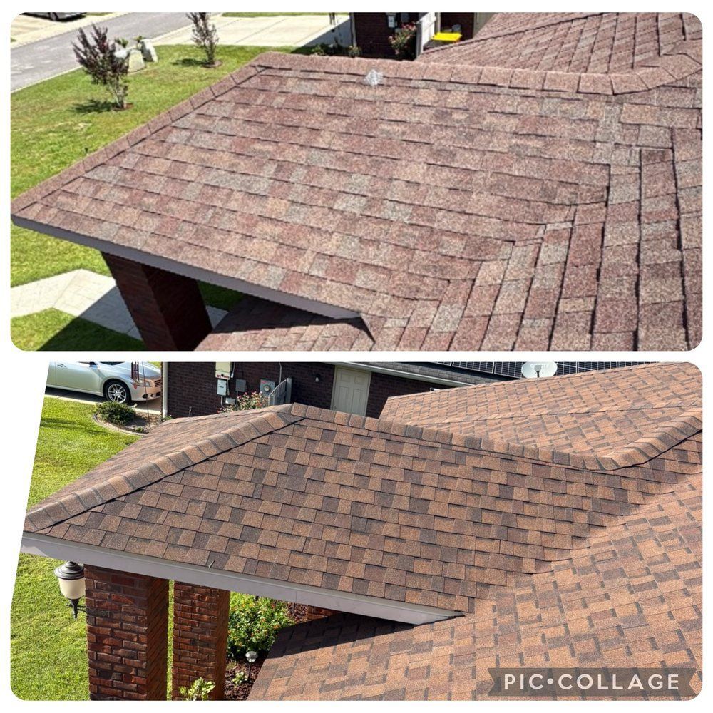 Two views of a brown asphalt shingle roof on a house.