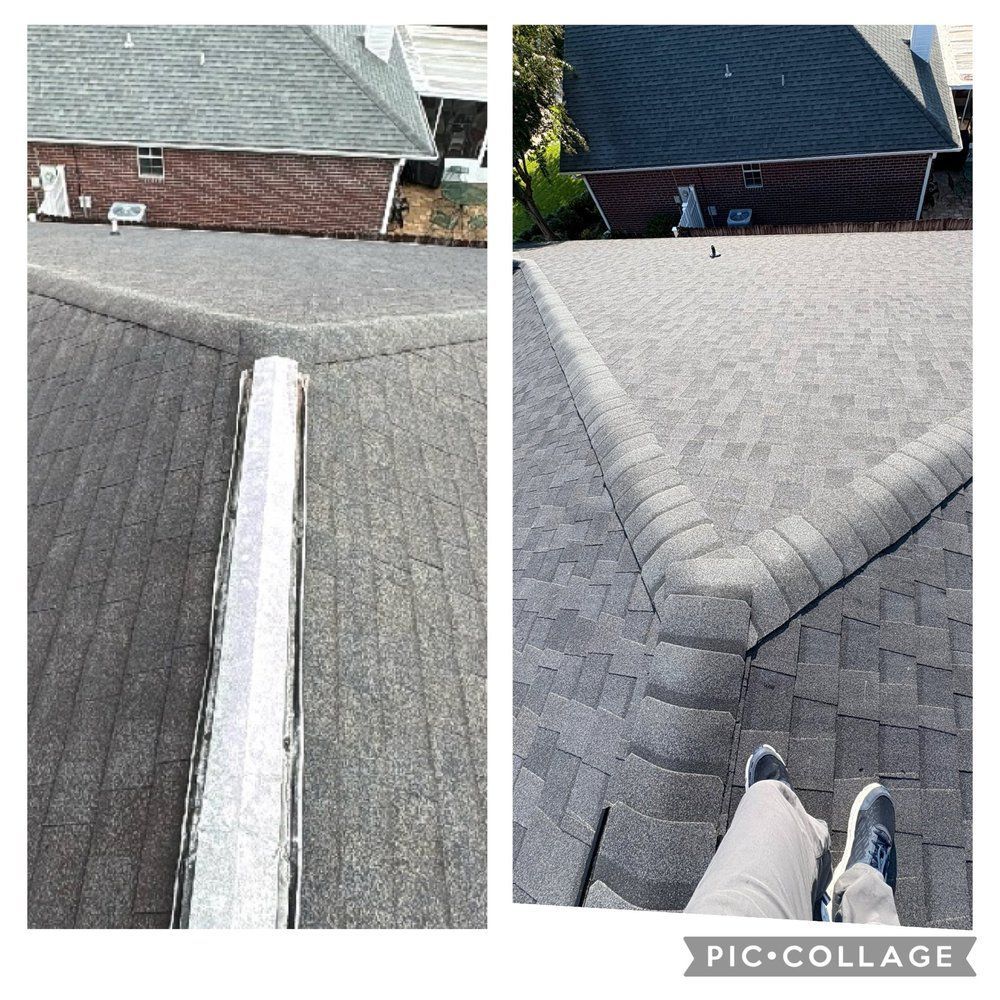 Two photos of a roof with asphalt shingles, one showing a gutter, the other showing feet.