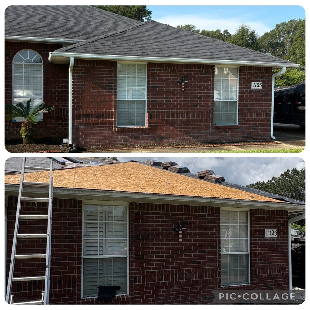 Top: Brick house with gray roof. Bottom: Roof being replaced, showing wooden frame.