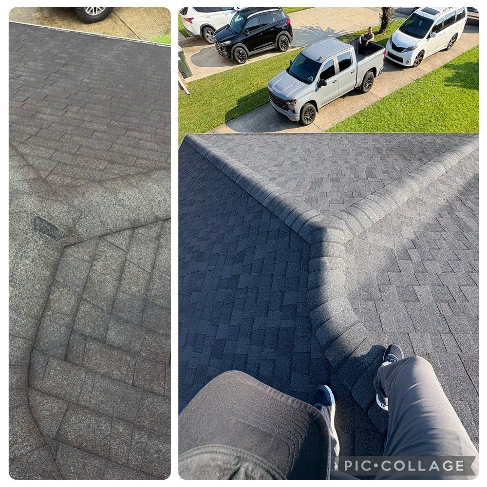 A collage: asphalt driveway with shadows, vehicles parked, a person on a shingled roof.