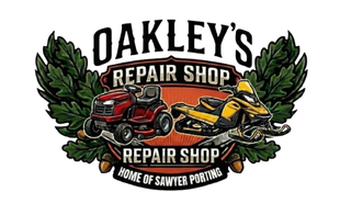 Oakley’s Repair Shop logo with red truck, wrench, chainsaw and saw blades, framed by green leaves