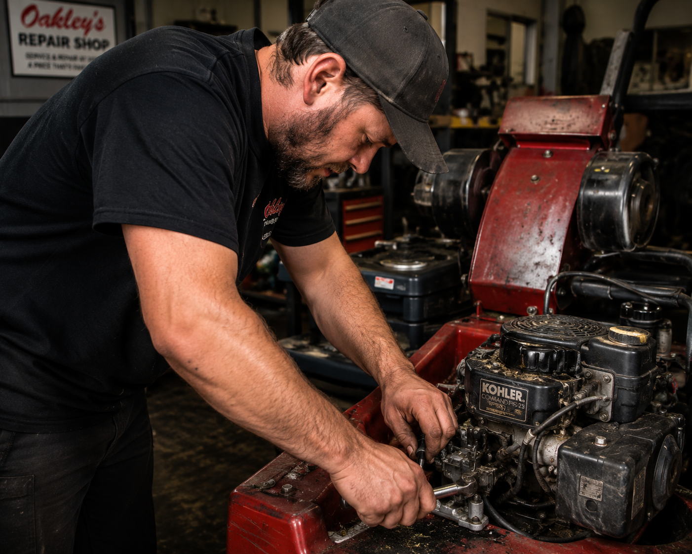 Mechanic working on a small engine in a workshop, leaning over red machinery with tools.