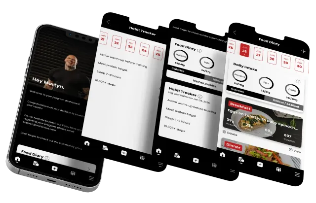 Four smartphone screens showing app interface, with video, lists, and food images.