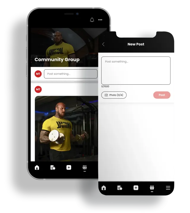 Two smartphones displaying a fitness app: one shows a community group, the other a form to create a new post.