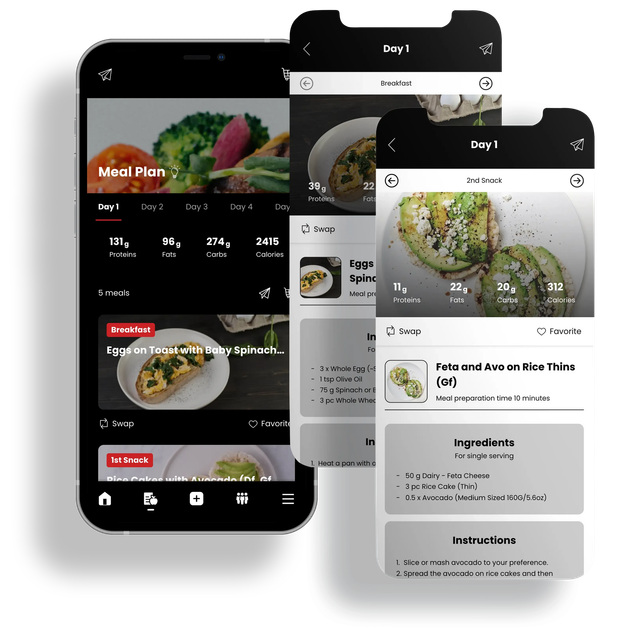 Three smartphone screens showcasing a meal planning app with food images and nutritional information.