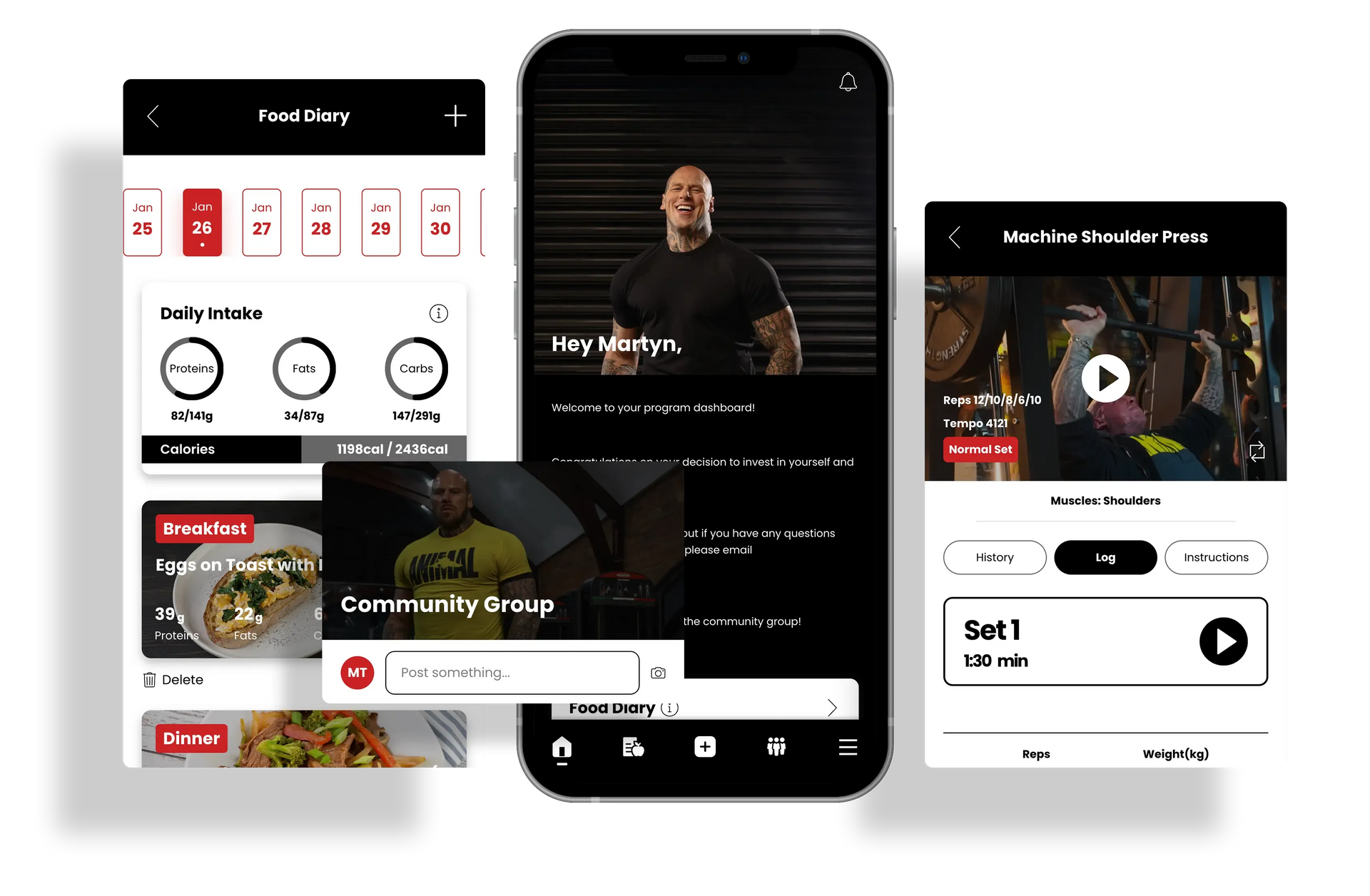 Three mobile app screen mockups: meal plan, video of a man, and workout video selection, all in black and white.