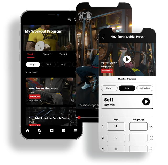 Three mobile phones displaying a workout app. Demonstrates exercises, programs, and progress tracking. Black and white interface.