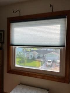 Window with wooden frame, white cellular shade partially lowered, view of a house and yard through the glass.