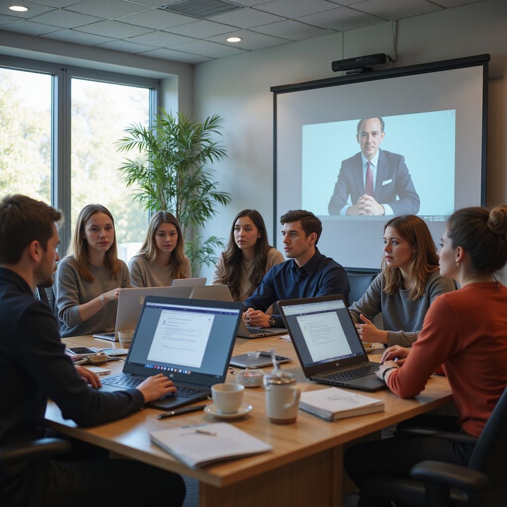 Group of people in a meeting, video conference on screen, laptops on table, sunny room.