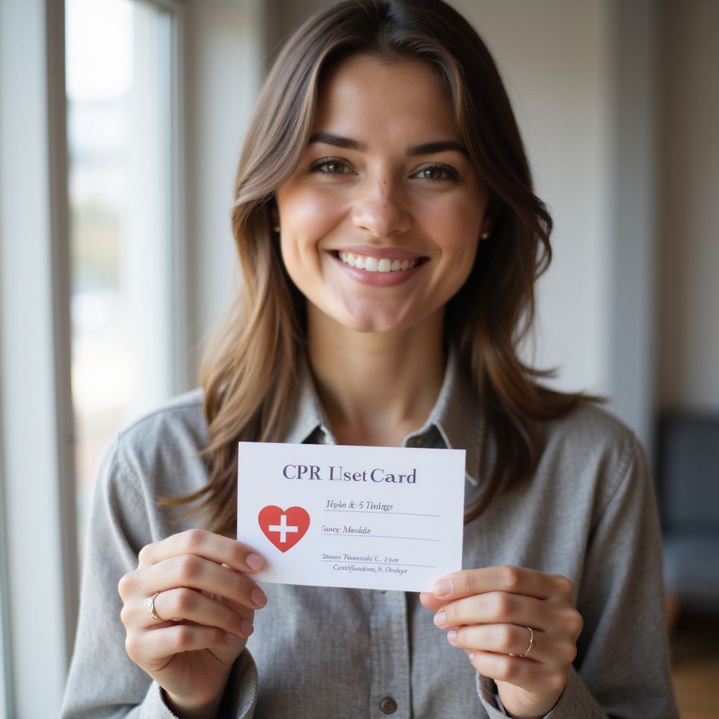 Woman smiling, holding a CPR User Card with a red heart symbol, indoors by a window.
