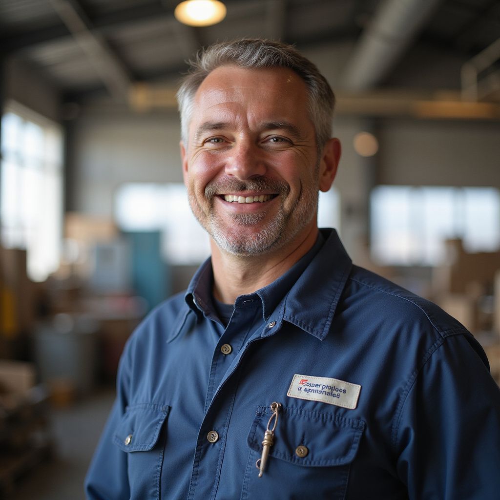 Smiling man in blue work shirt, small name tag, standing inside a workshop with equipment in background.