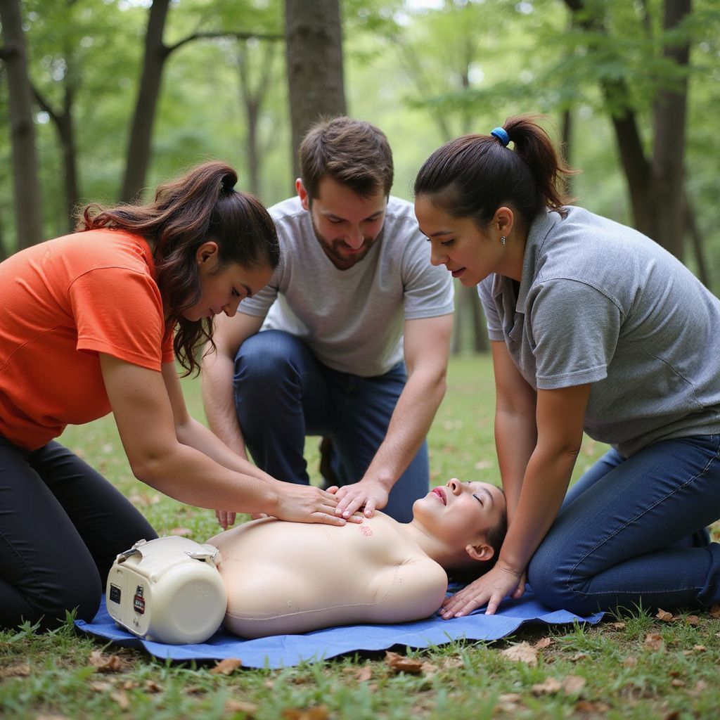 Three people practice CPR on a training dummy outdoors.