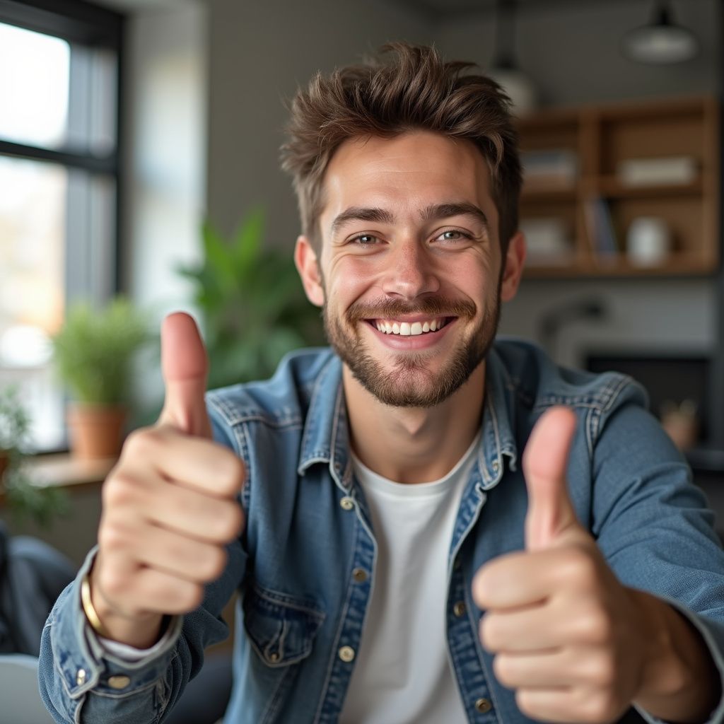 Man giving double thumbs up, smiling indoors.