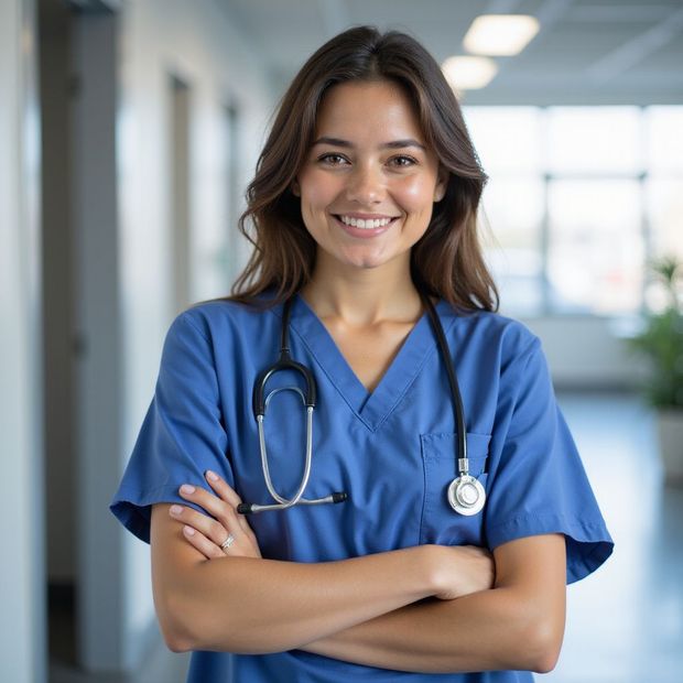 Nurse in blue scrubs with stethoscope, arms crossed, smiling in a hospital hallway.