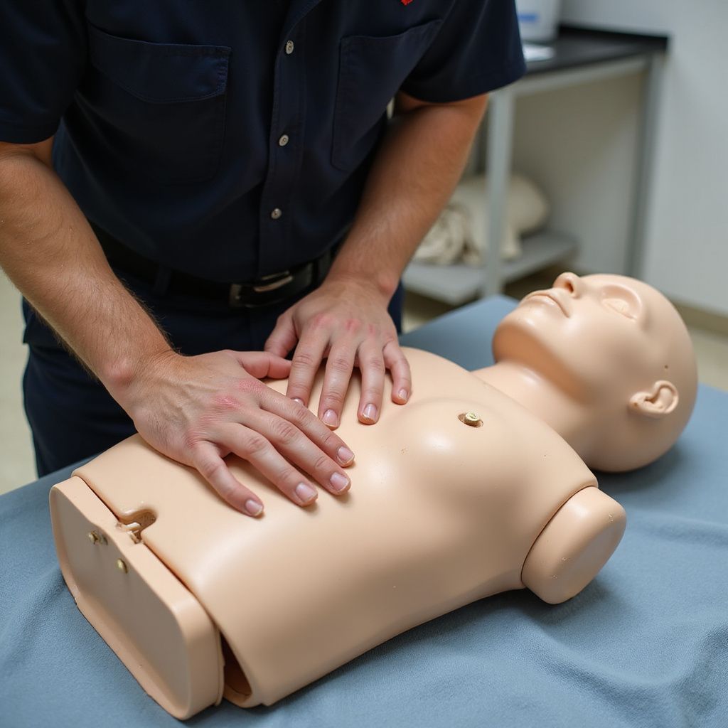 Person practicing CPR on a training mannequin. Blue shirt, hands on chest, indoors.