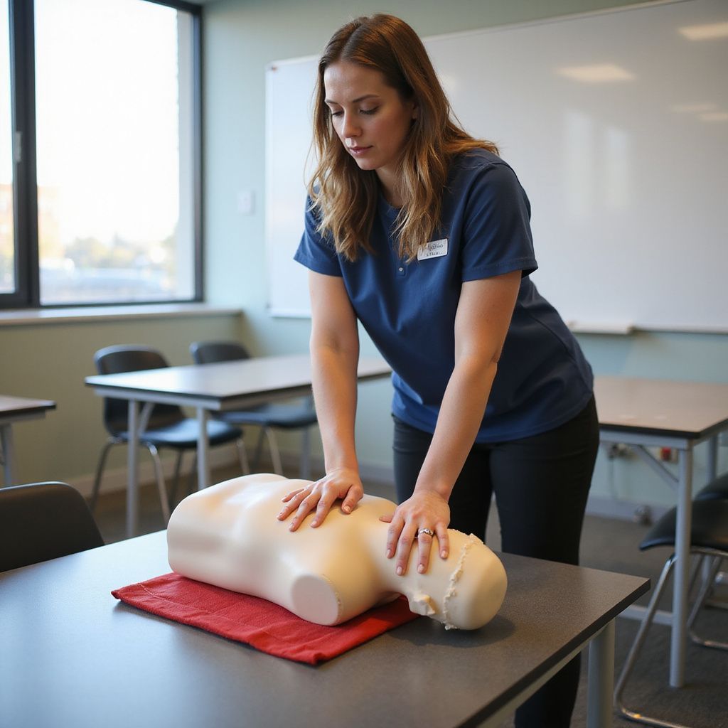 Woman performing CPR on a mannequin in a classroom, practicing chest compressions.