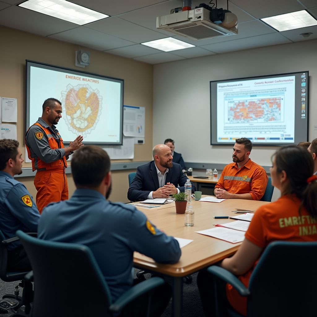 Group in a meeting, one presenting diagrams on screens, others seated around a table, wearing uniforms and business attire.