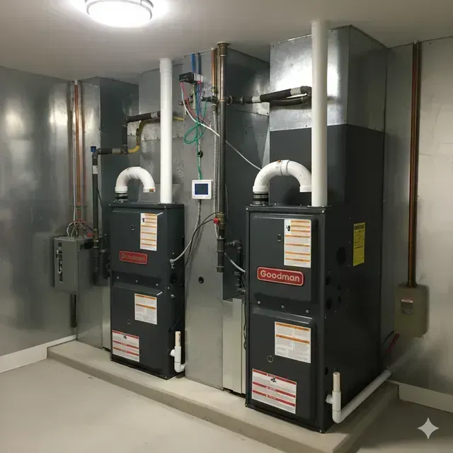 Two Goodman furnaces in a basement, with silver ductwork, copper pipes, and a white ceiling light.