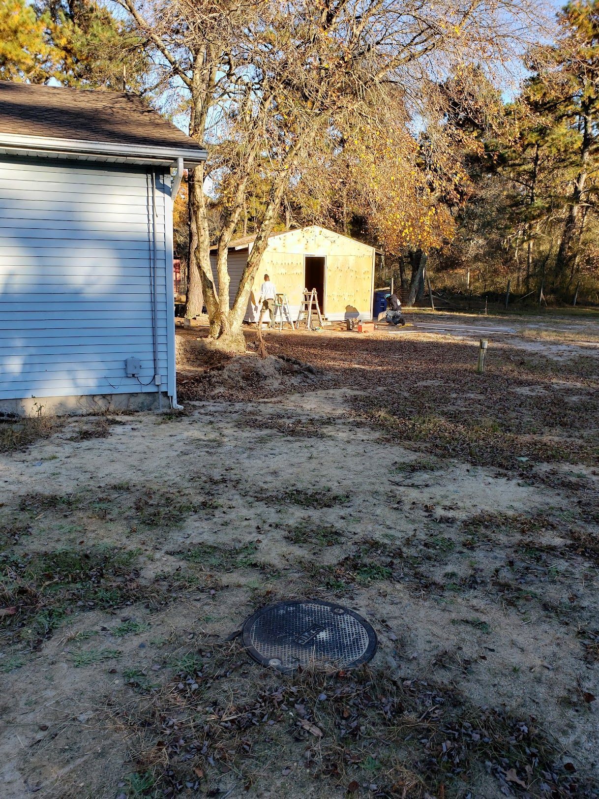 A shed is being built in the backyard of a house.