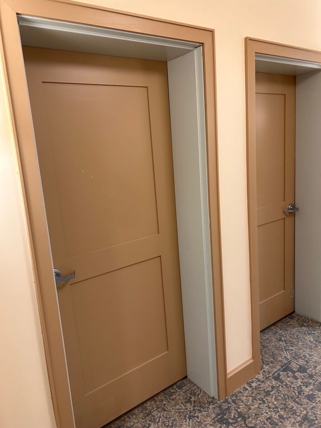 A hallway with two doors and a carpeted floor.