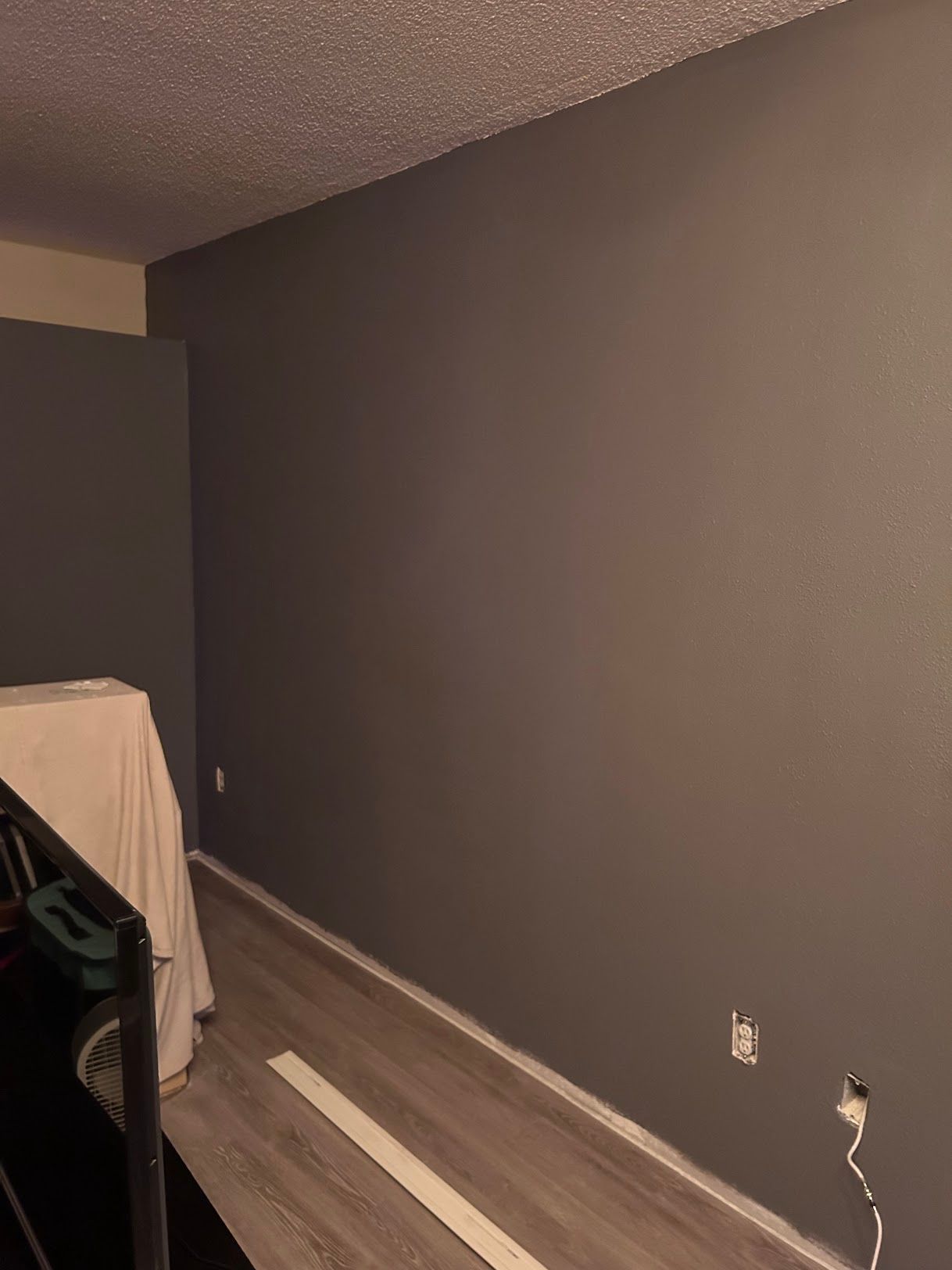 A room with a gray wall and a wooden floor.