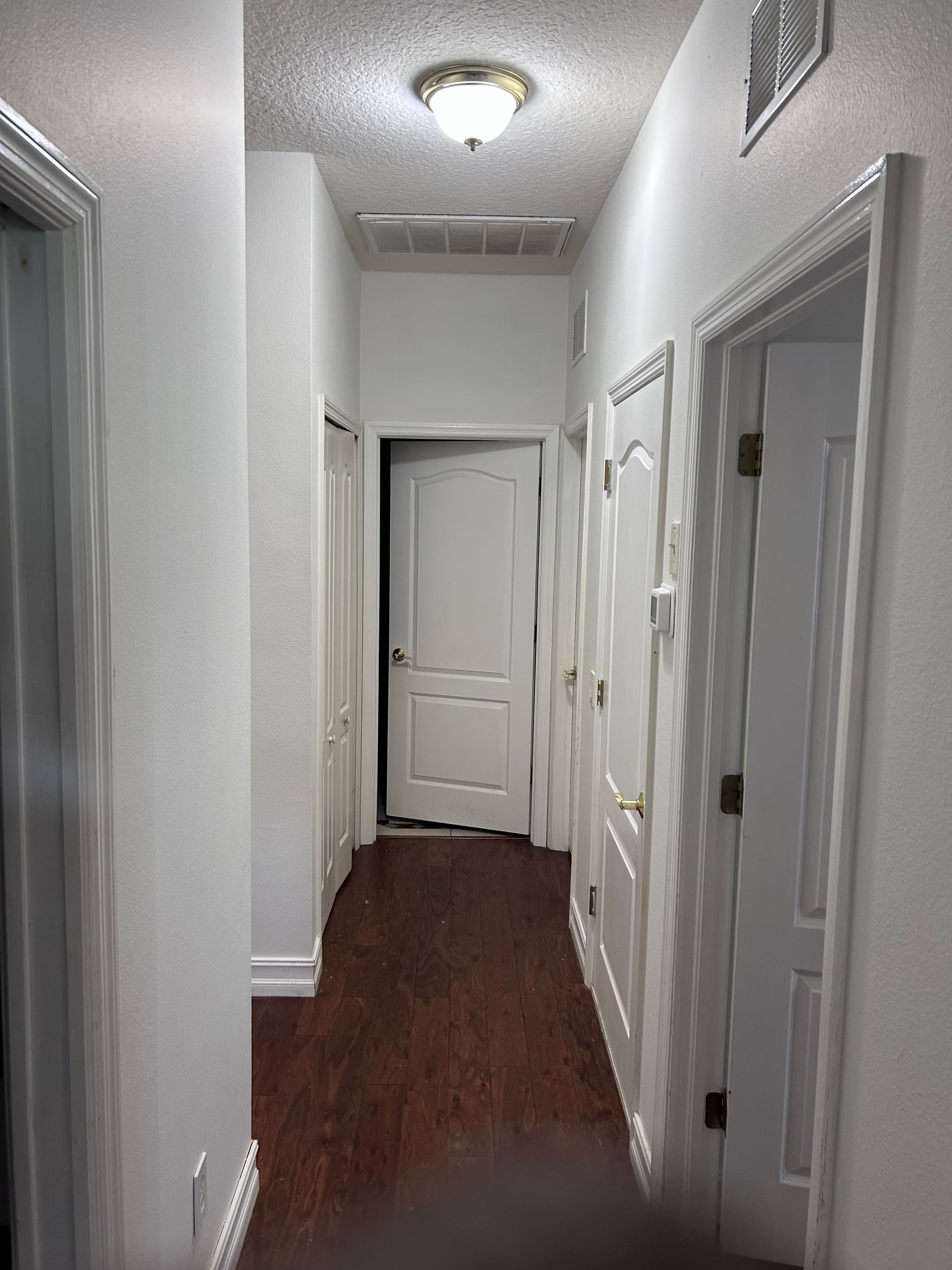 Narrow hallway with white walls and doors, dark wood floor, lit by a ceiling light.