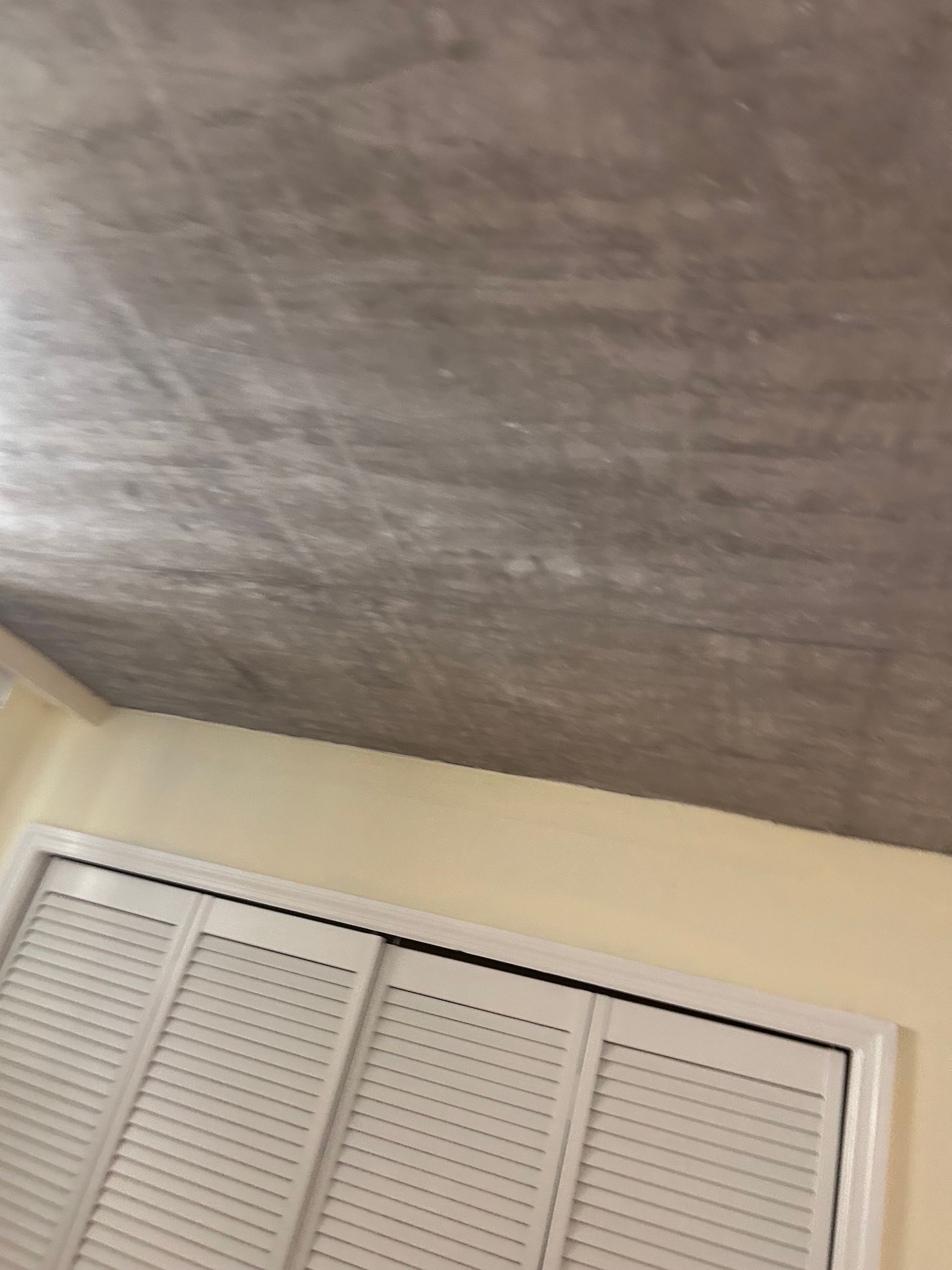 Gray ceiling with scuff marks above a white-framed louvered closet door and beige wall.