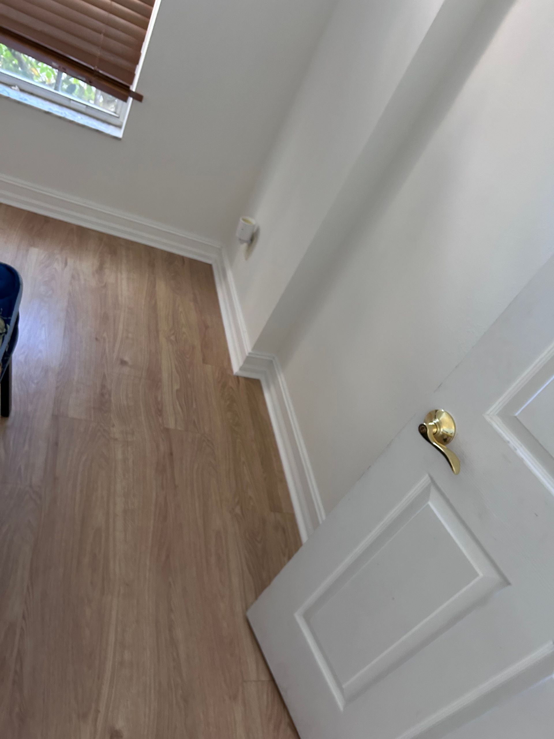 Room corner with white walls, baseboard, door, and wooden floor. Window with blinds.