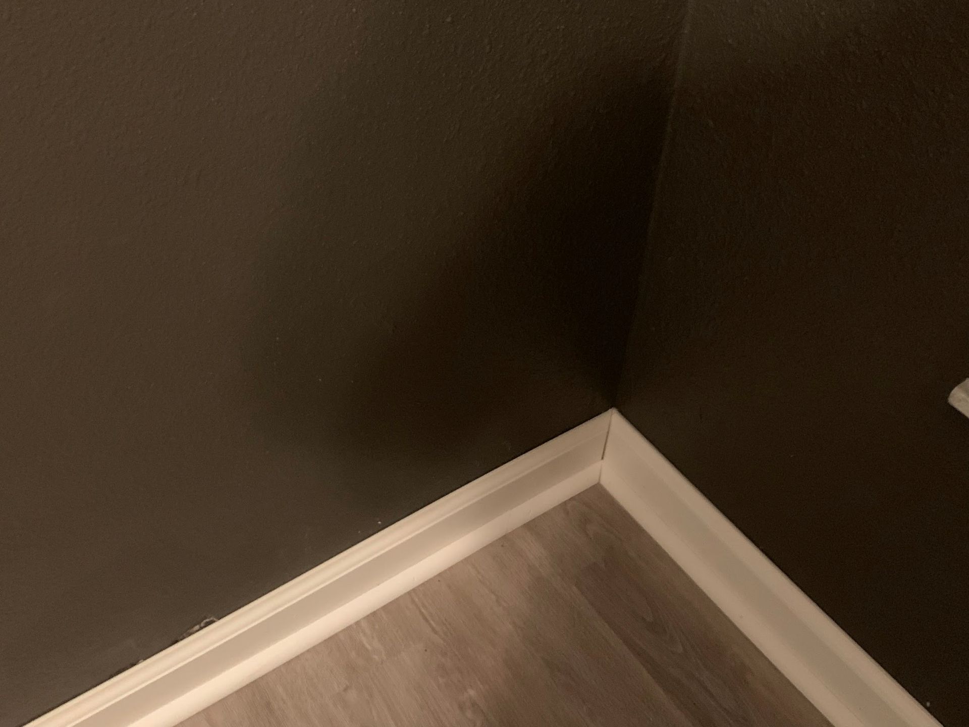 A corner of a room with brown walls and white trim.
