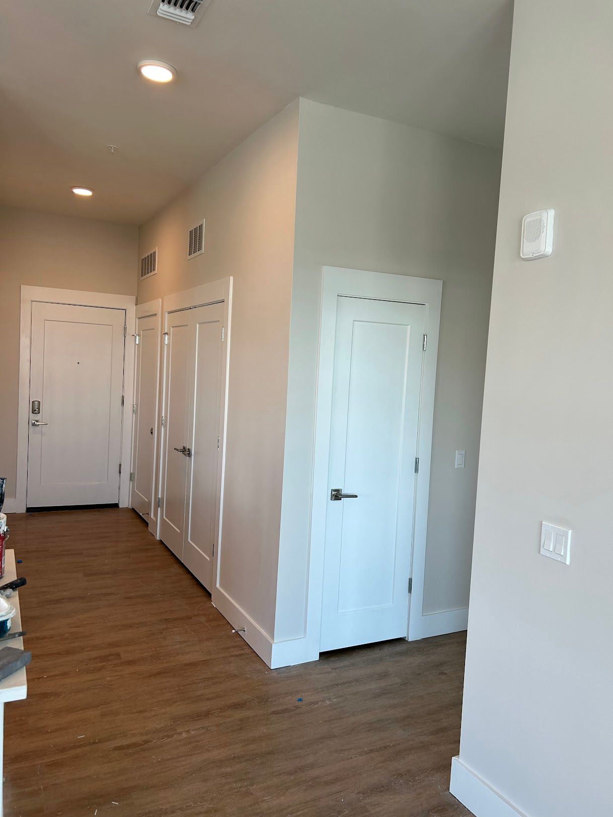 A hallway with wooden floors and white doors in a house.