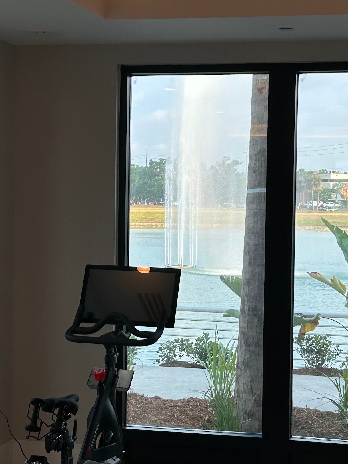 A bicycle is sitting in front of a window with a fountain in the background.