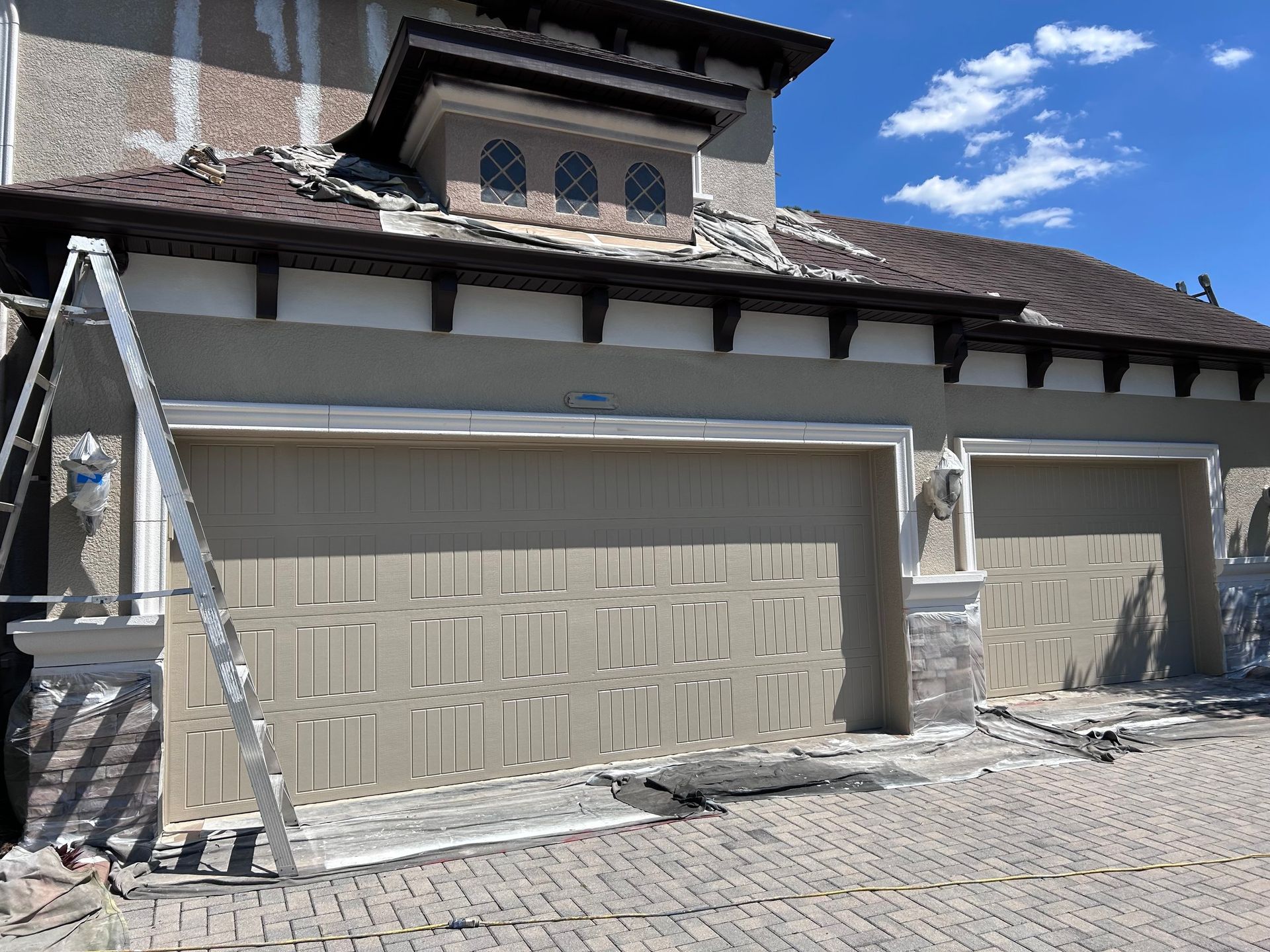 A house is being painted with a ladder in front of it.
