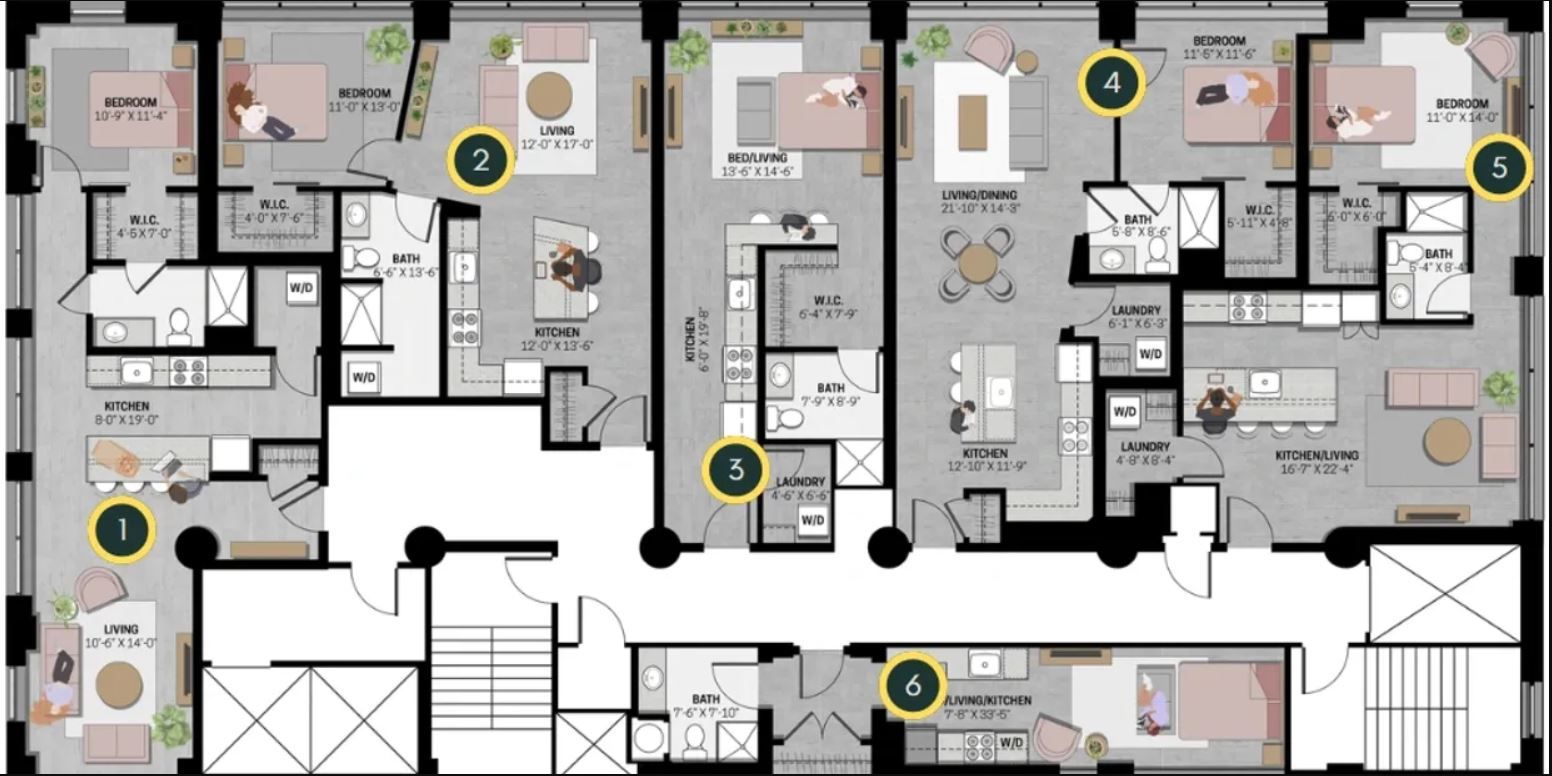 A floor plan of a building with a lot of rooms.