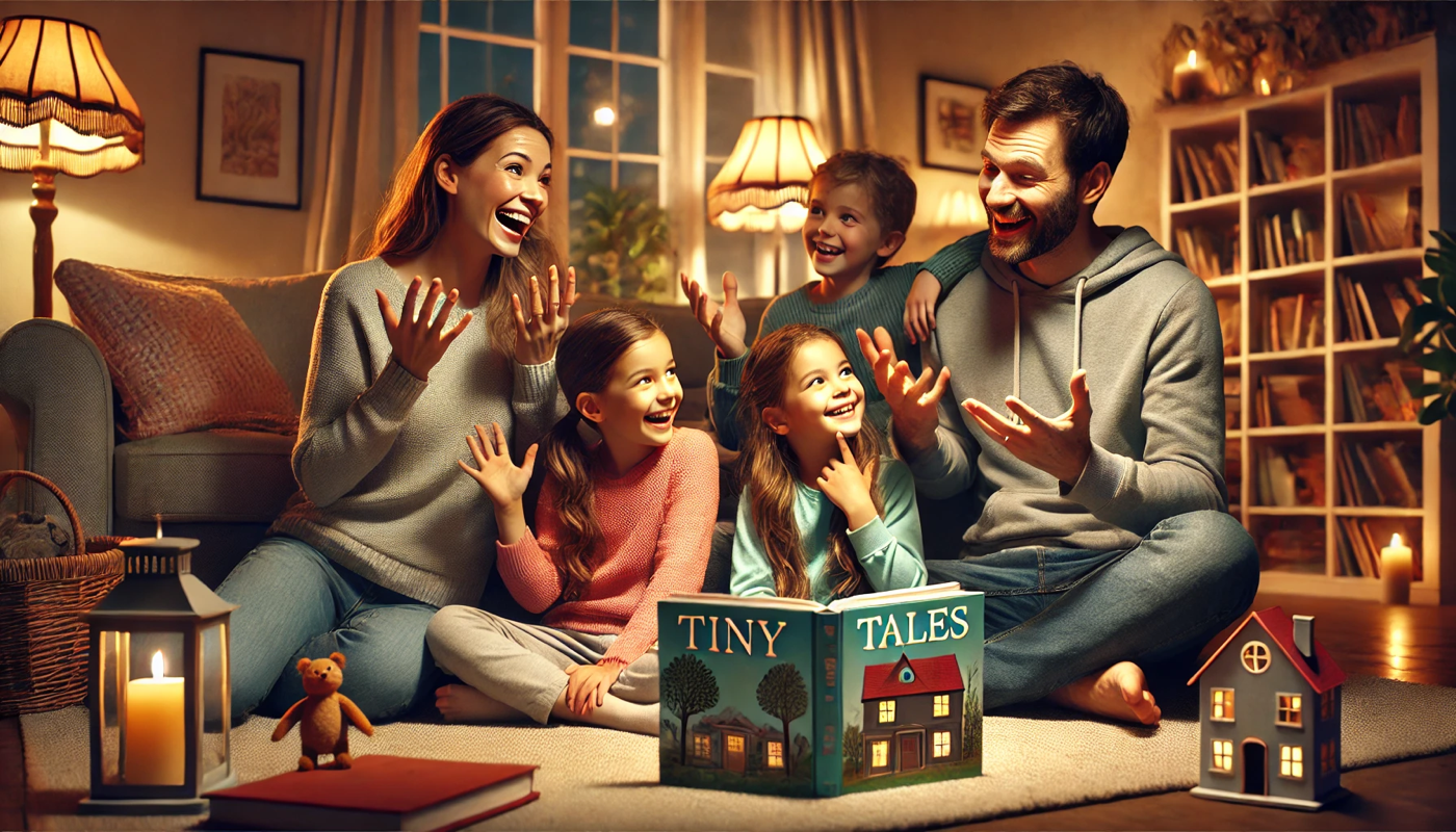 A family is sitting on the floor reading a book.