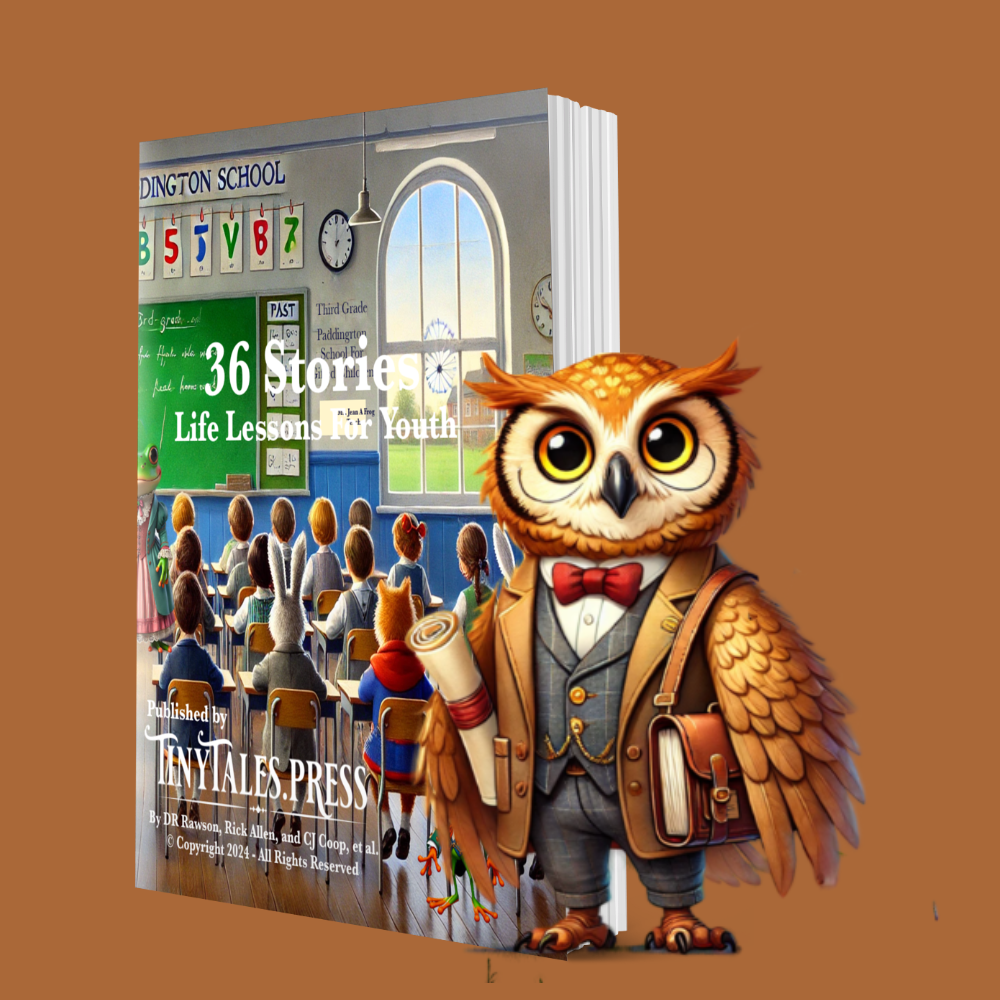 An owl is standing in front of a book titled 36 stories life lessons for touch