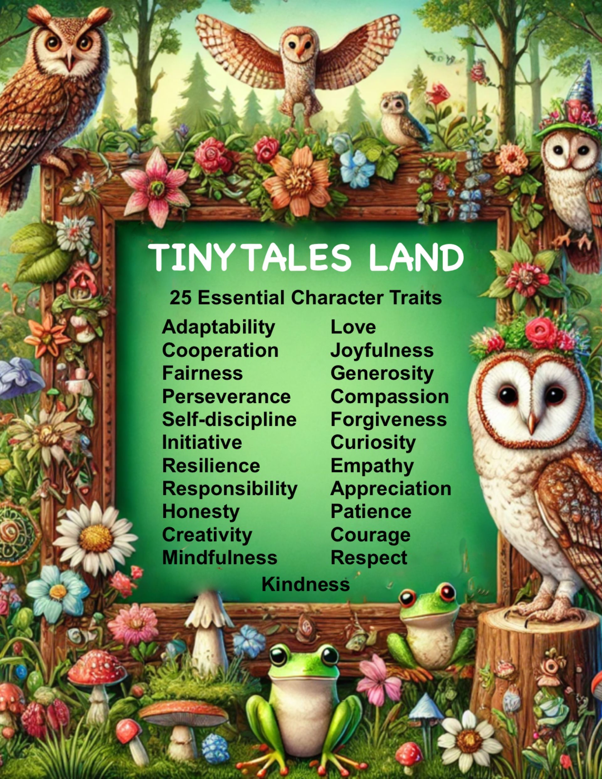 A poster with two owls and a frog on it.