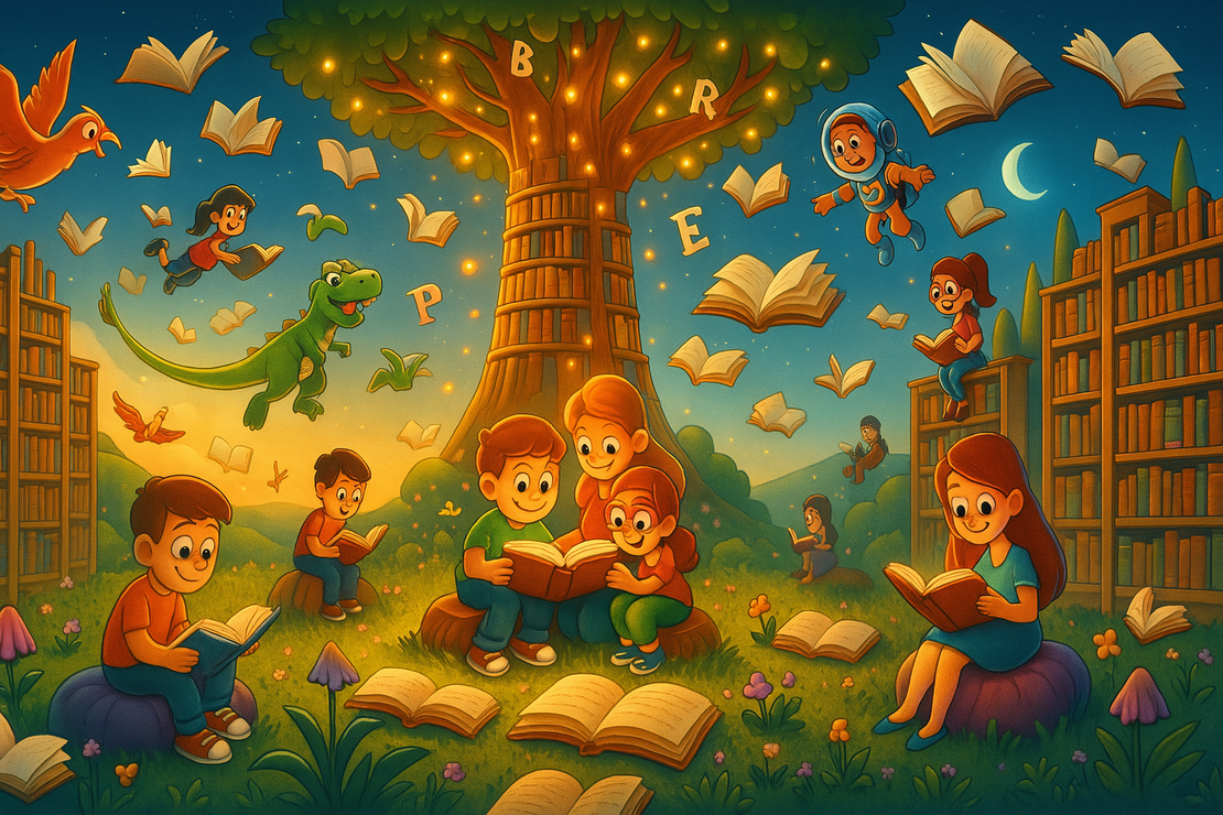 A group of children are reading books under a tree in a library.