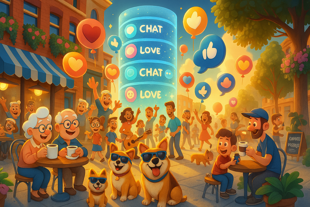 A group of people are sitting at tables on a sidewalk with a dog.